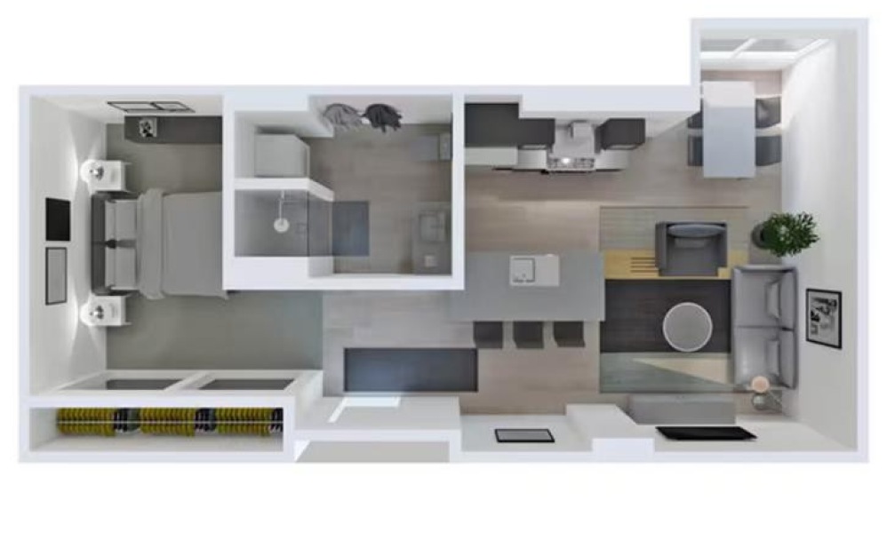 Style B4 - 1 bedroom floorplan layout with 1 bathroom and 528 - 565 square feet